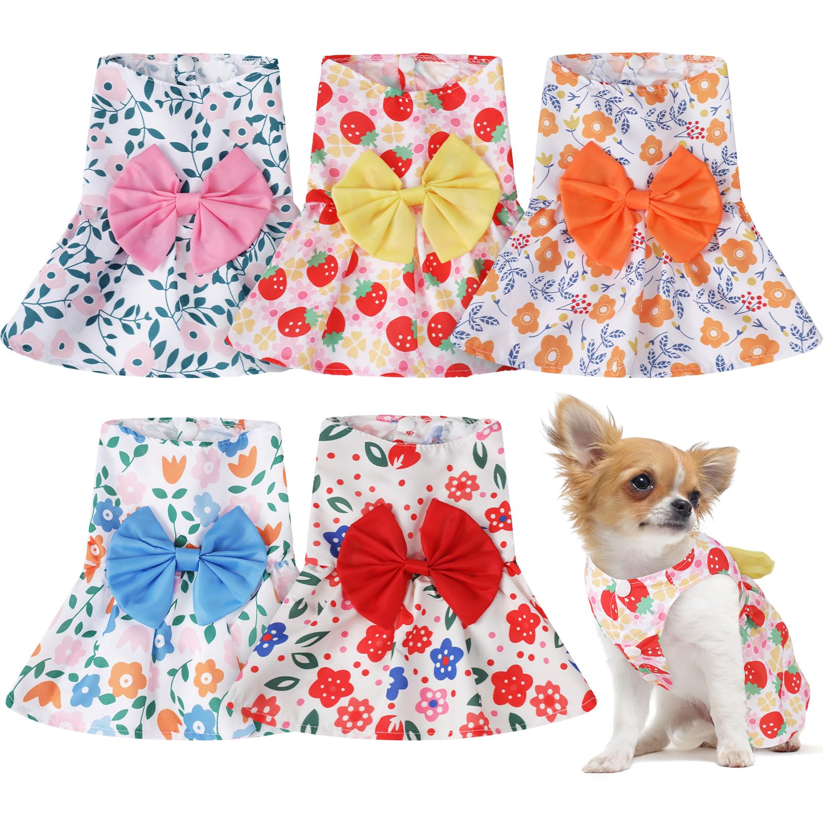 5 Pieces Dog Dresses for Small Dogs Girls Floral Puppy Dresses Pet Dog Princess Bowknot Dress Cute Doggie Summer Outfits Dog Clothes for Yorkie Female Cat Small Pets 5 Styles (Fresh StyleSmall)