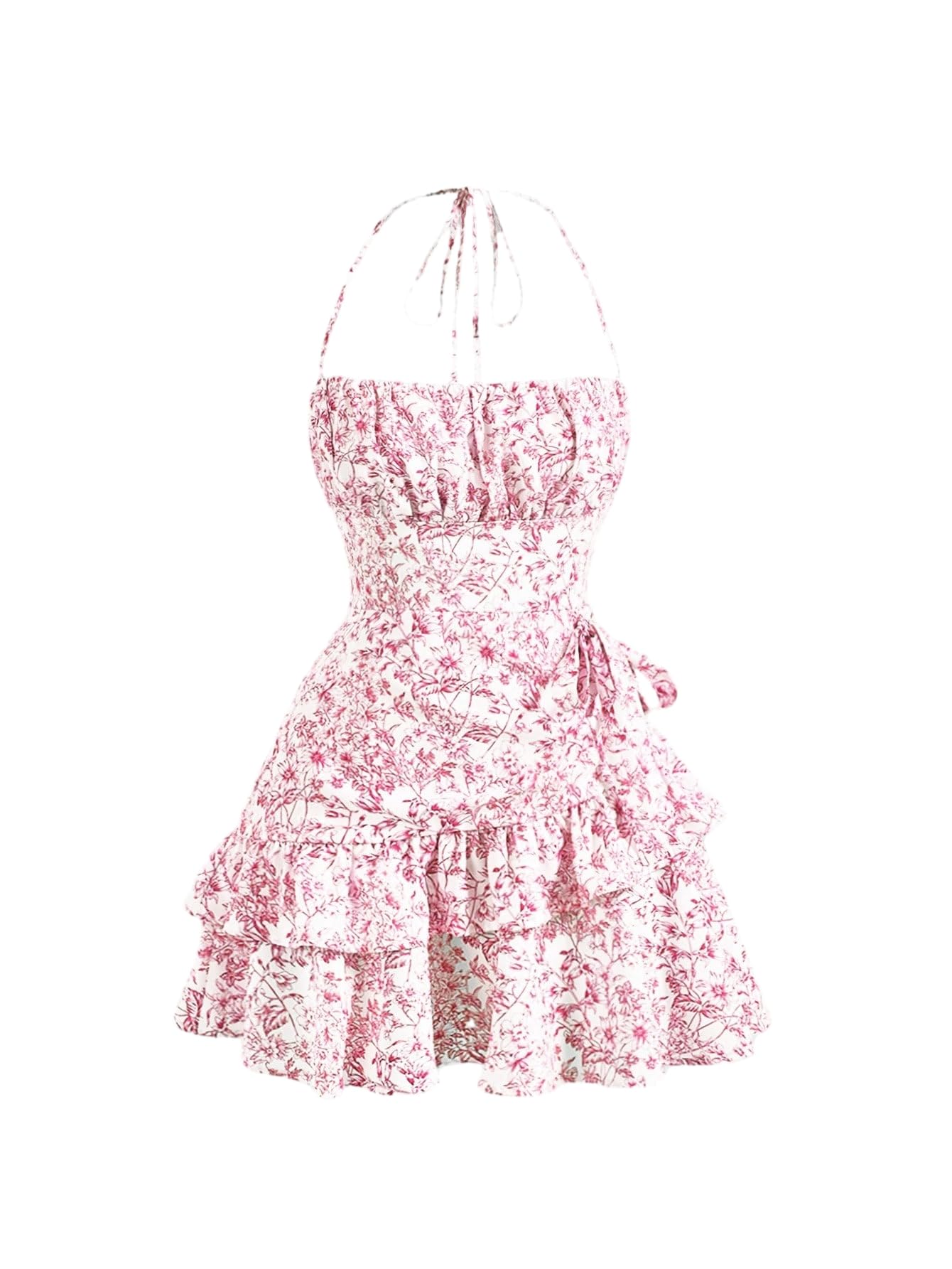 SOLY HUX Womens Summer Halter Dresses Boho Floral Sundress Ruffle Flowy Mini Dress Coquette Birthday Dresses Pink Floral S