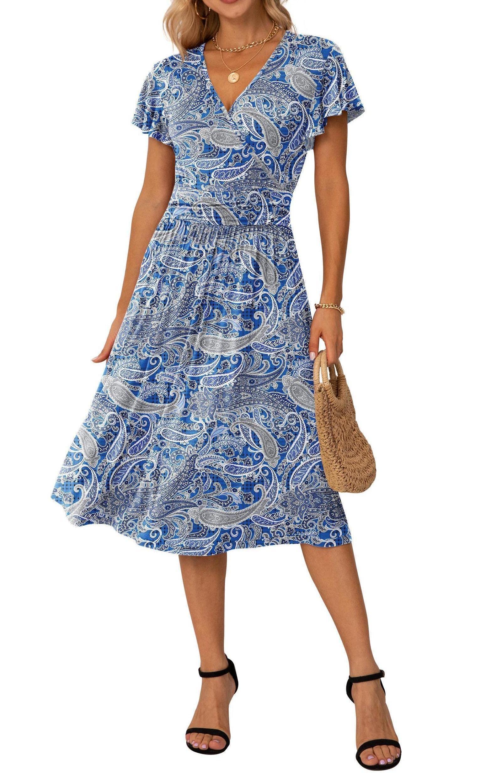 GRECERELLE Summer Casual Dress for Women Short Sleeve V-Neck Beach Dresses(Medium Floral Cashew Blue)