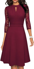 HOMEYEE Womens Round Neck Hollow Out Lace Patchwork Retro Party Dresses A234(12Burgundy)
