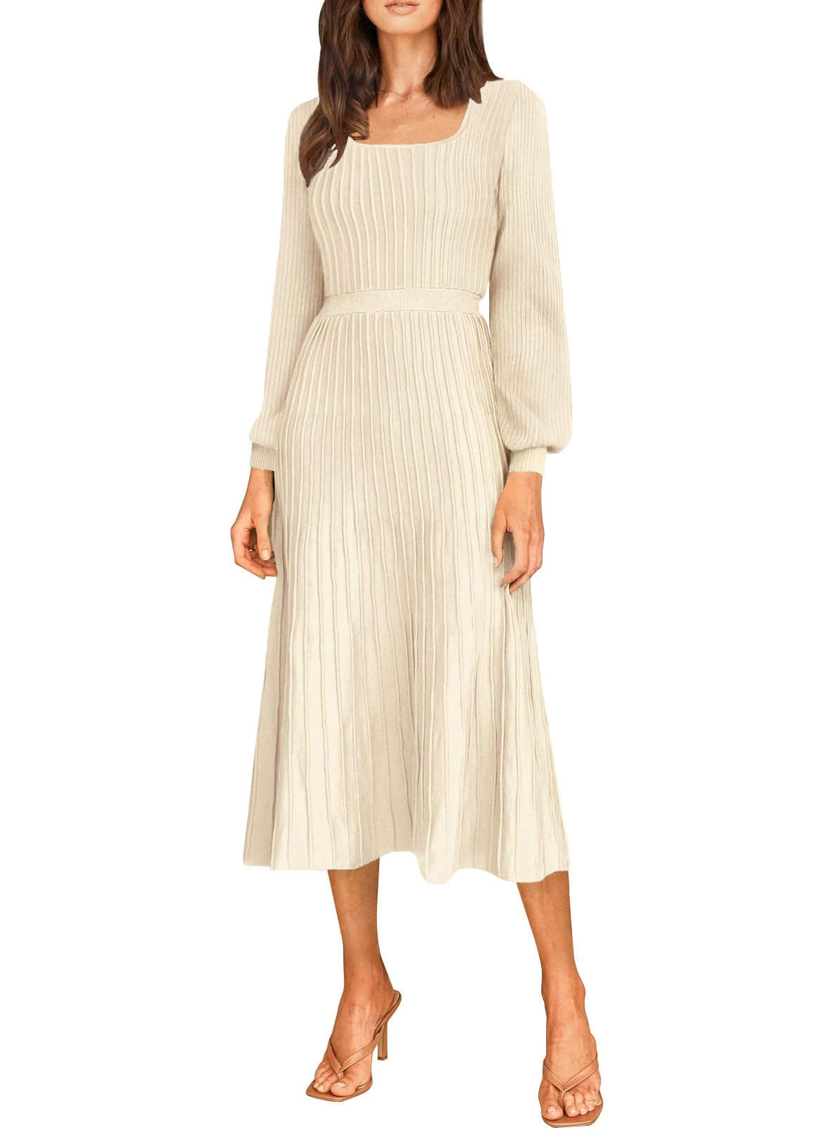 Womens Sweater Dresses Midi Fall Dress Long Sleeve Elegant Ribbed Apricot L