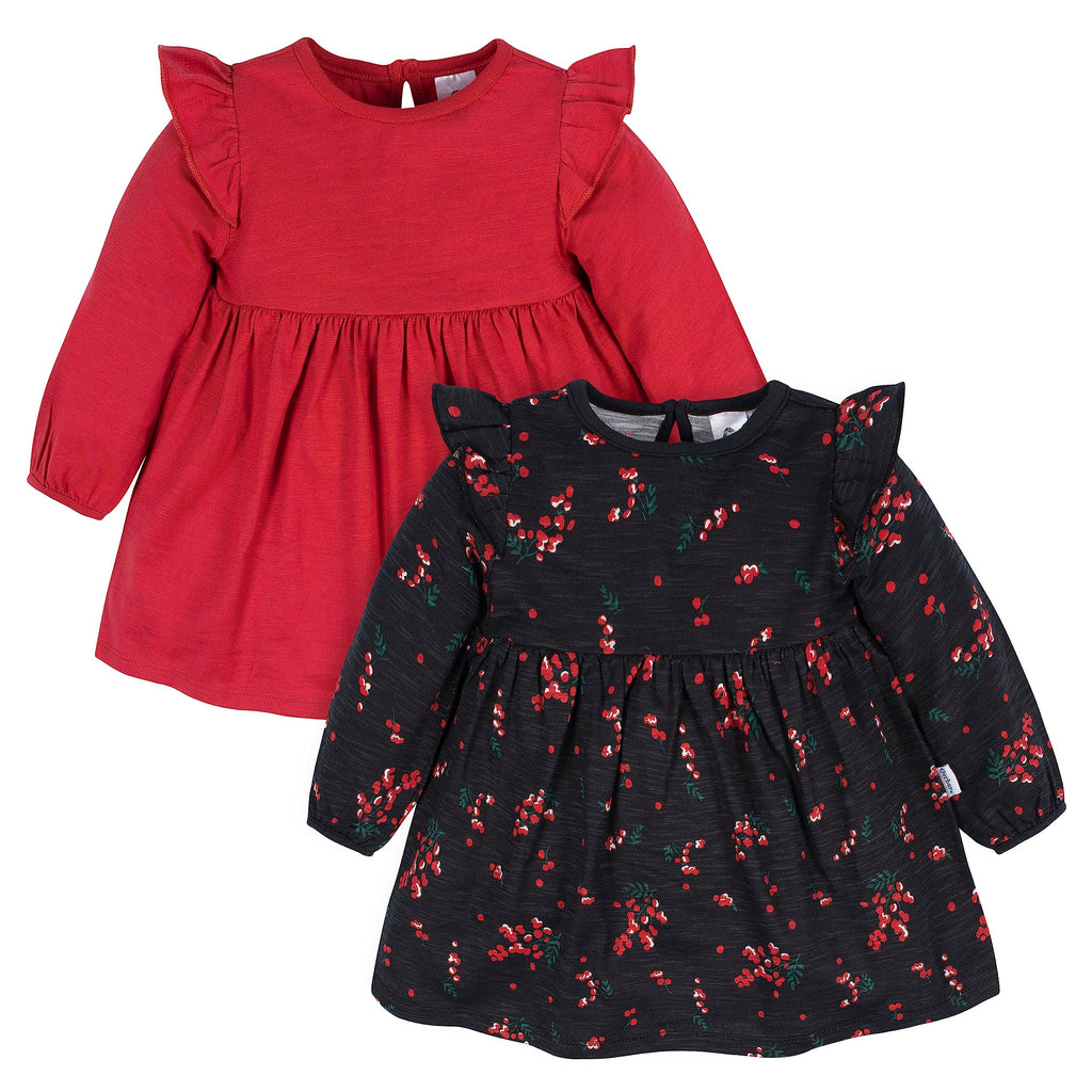 Gerber Baby Girls Toddler 2-Pack Long Sleeve Dresses Black Holly Berries 5T