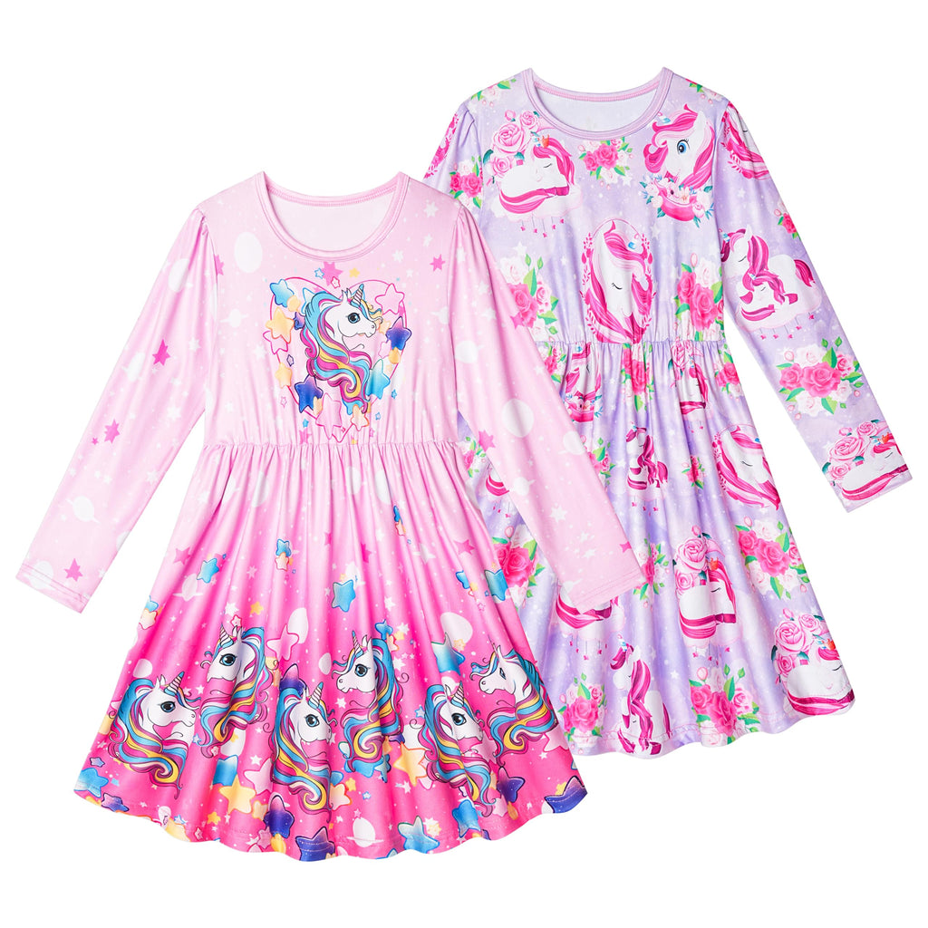 LQSZ 2 Pcak Girls Dresses Unicorn Toddler Long Sleeve Casual Dresses for Girls Size 6 7