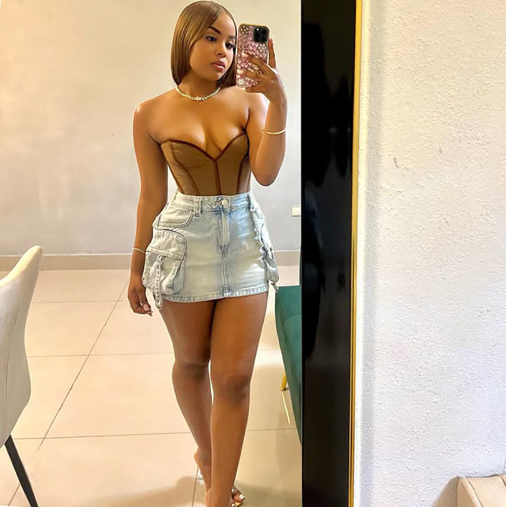 Women's Denim Mini Skirt Fashion Sexy Crop Multi-pocket Bodycon Skirt