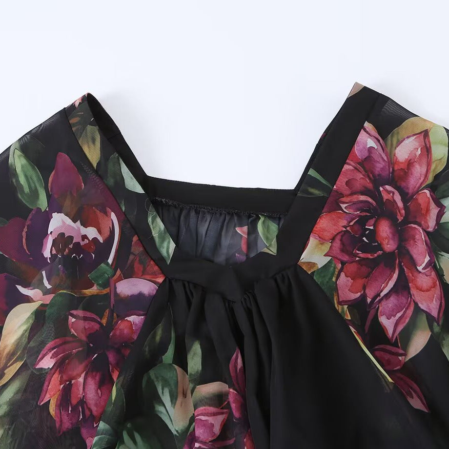 Chiffon printed loose fit large swing inner knitted suspender dress
