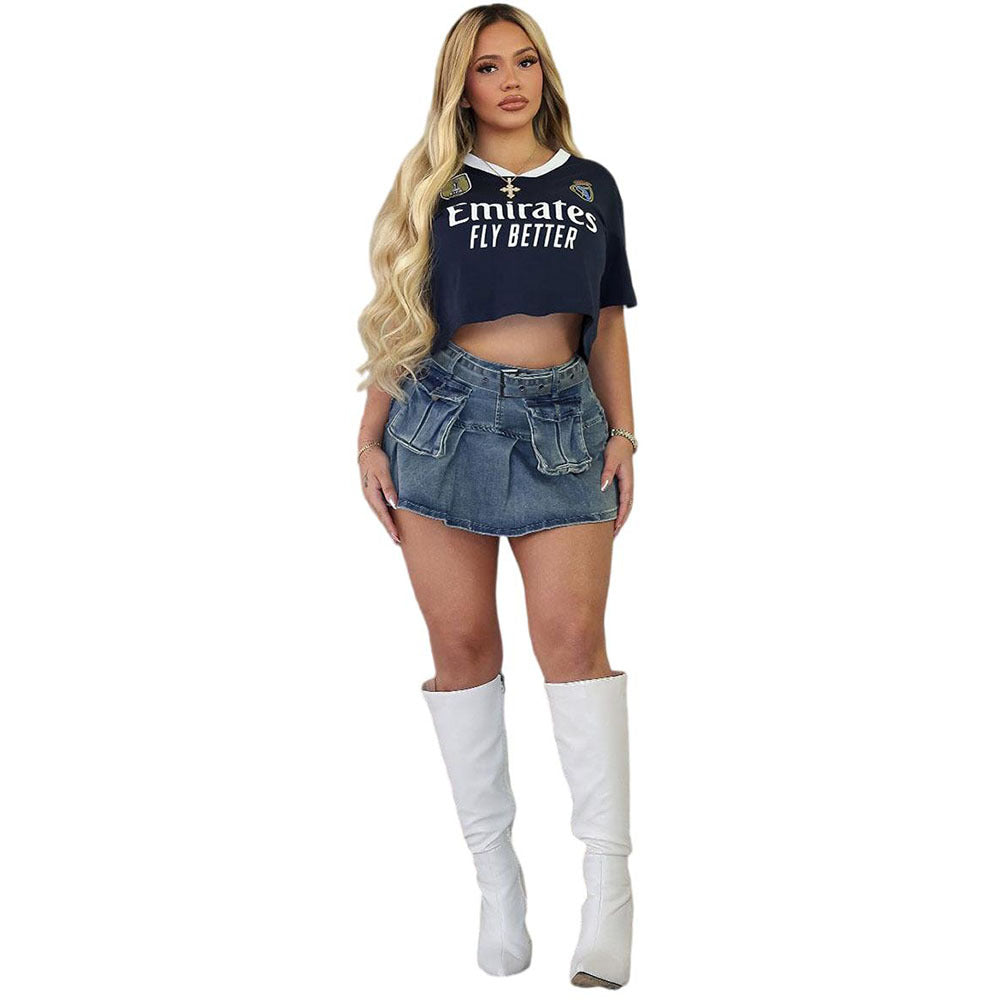Women's Western Style Denim Skirt High Waist Multi-Pocket Ruffle Bodycon Pleated Mini Skirt