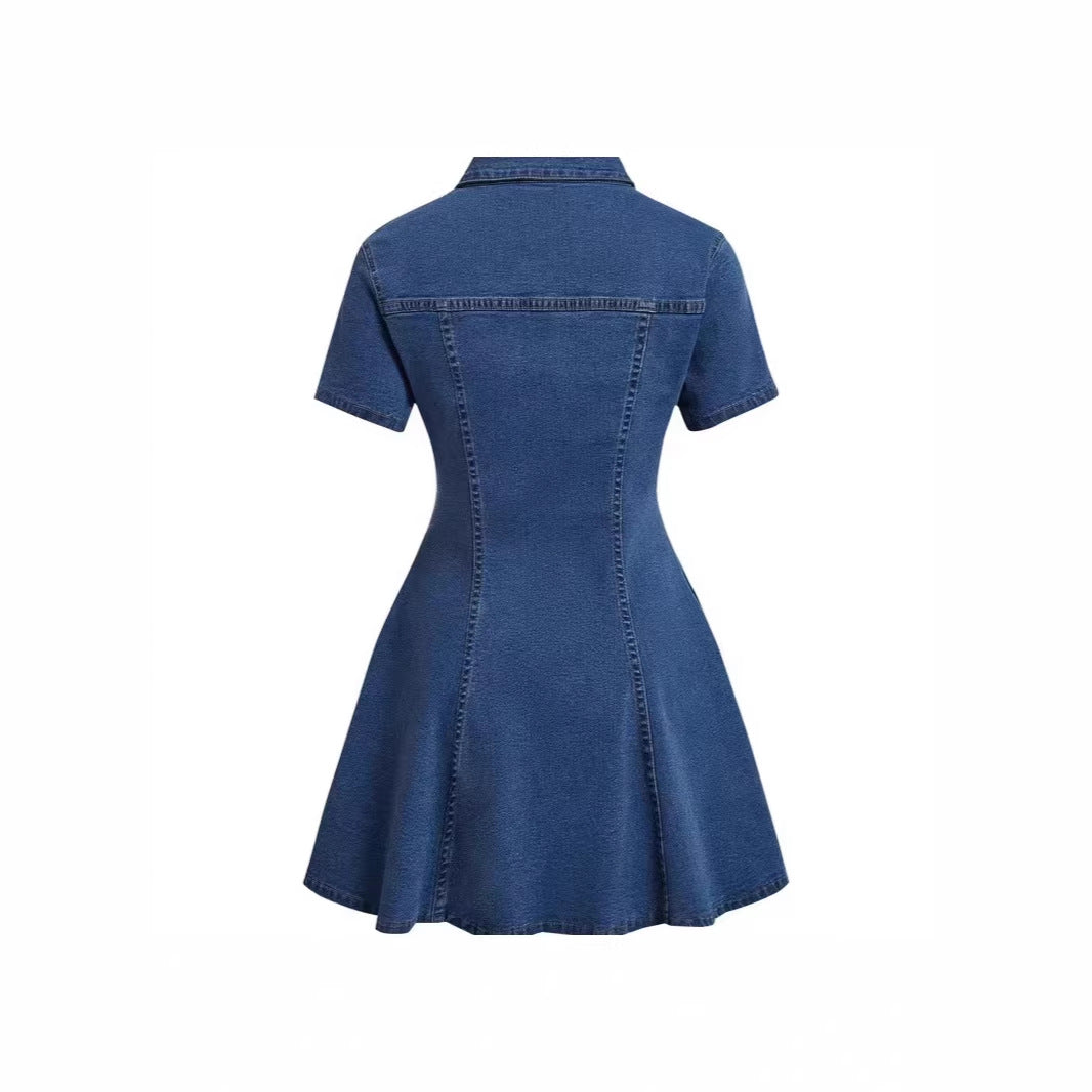 Western-style denim short-sleeve open-front fitted dress for women