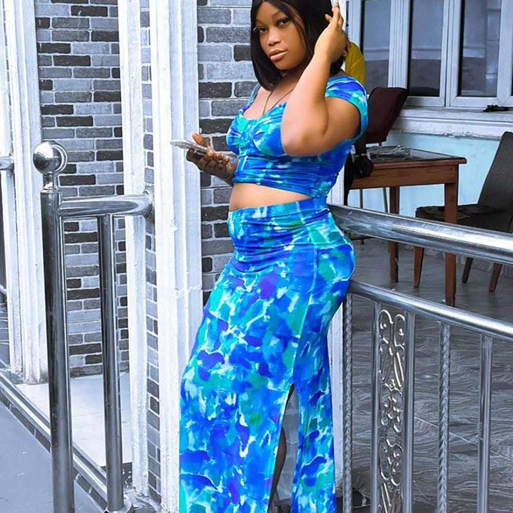 Style Printed Loose-Fit Open-Crotch High-Waisted Skirt Two-Piece Set