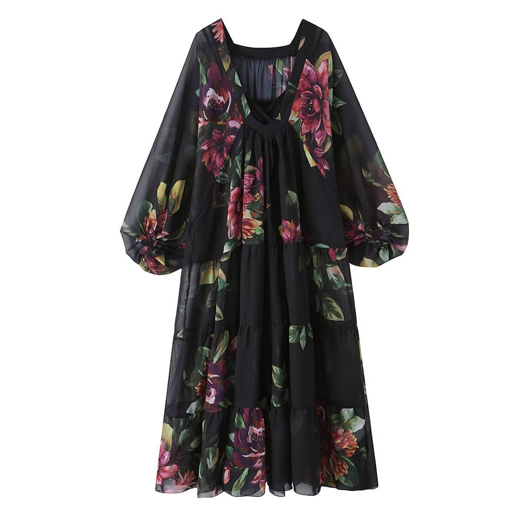 Chiffon printed loose fit large swing inner knitted suspender dress
