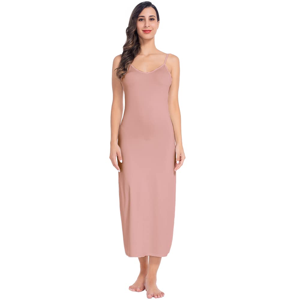 MANCYFIT Long Slips for Under Dresses Full Length Adjustable Spaghetti Strap Nightgown Camel Medium