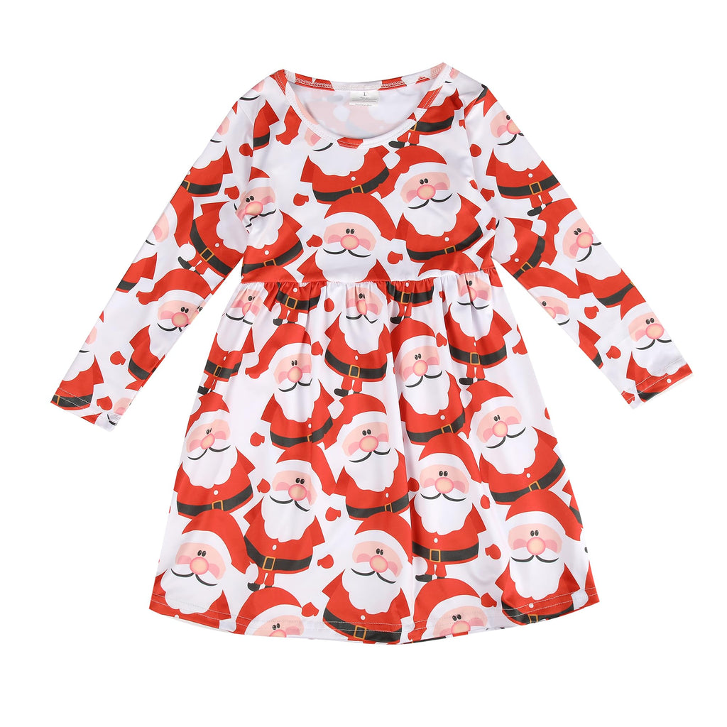 MoreiH Christmas Toddler Girls Dress Santa Claus Print Dresses Long Sleeve 3-4T