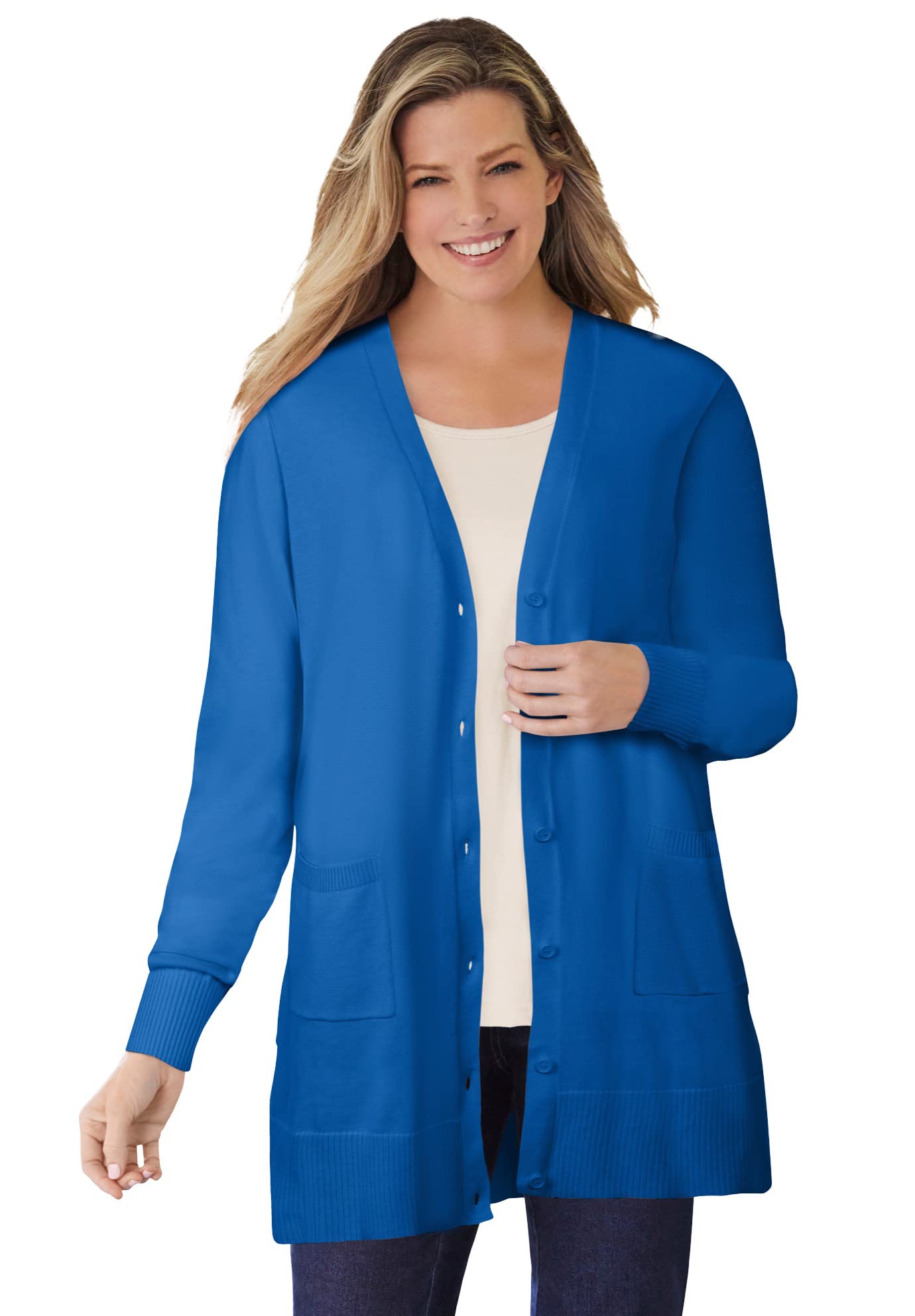 Woman Within Womens Plus Size Perfect Longer-Length Cotton Cardigan - 3X Bright Cobalt