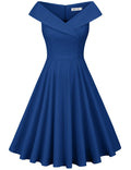MUXXN Womens Vintage 1950s Sleeveless Midi V Neck Wedding Guest Party Swing Dresses Blue L