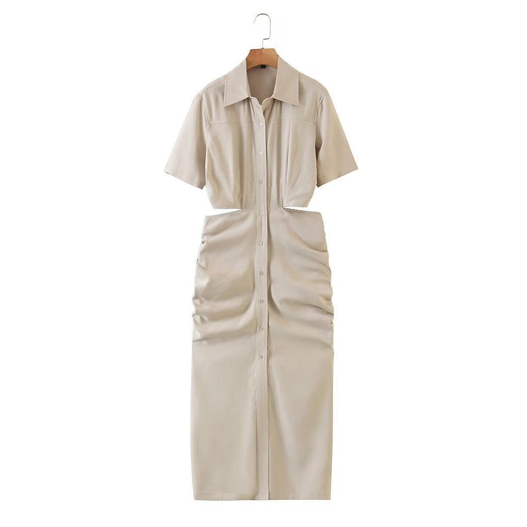 Pleated waist hollow short sleeved dress