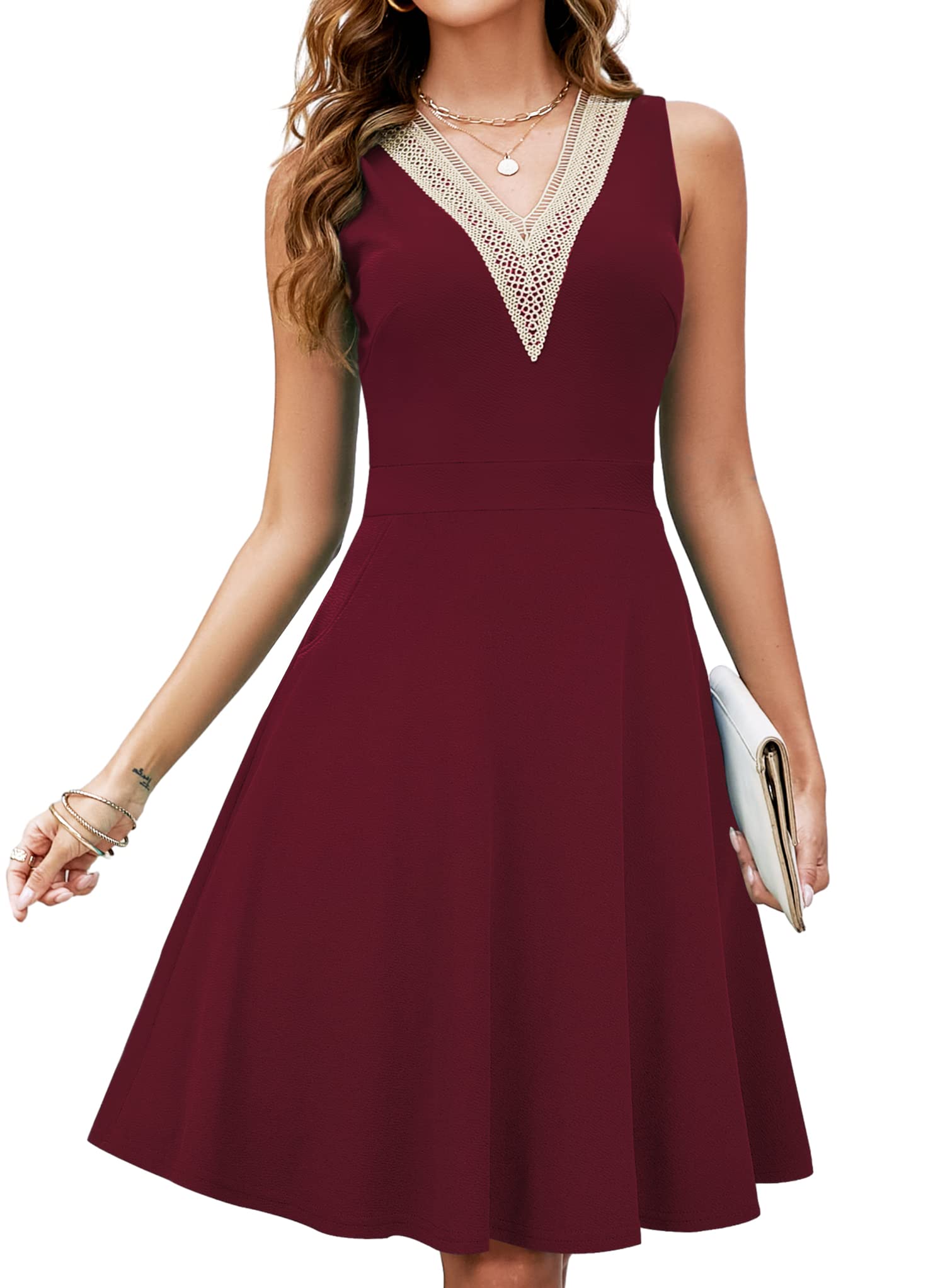 RANPHEE Wedding Guest Dresses for Women Wine Color Church Chic Pretty Cocktail Graduation Homecoming Party Special Occasion Dinner Date Concert Flattering Dresses to Hide Tummy L