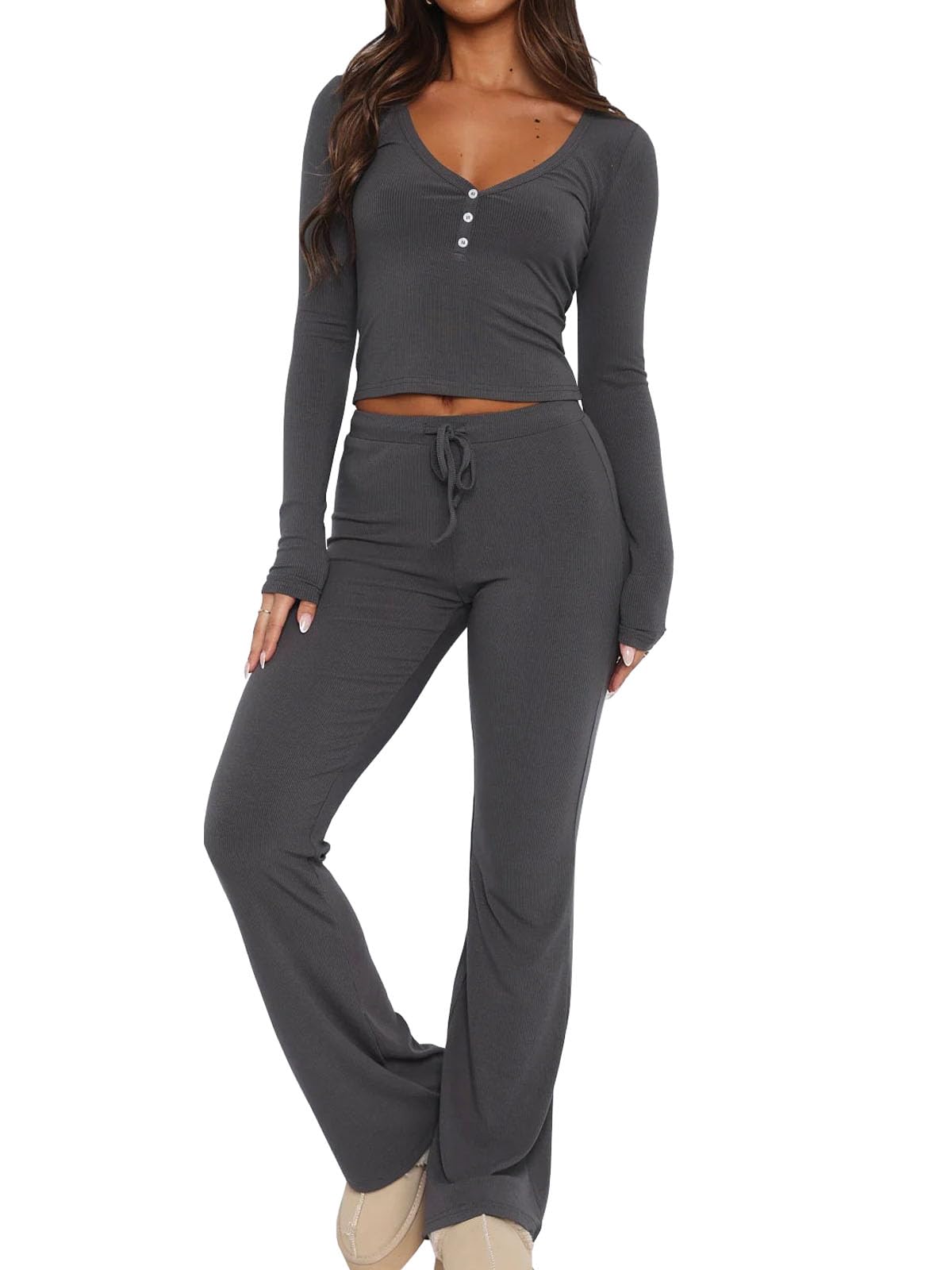 PEIARA Lounge Sets For Women: 2 Piece Pajamas Outfit Loungewear Fall 2024 Trendy Woman Two Piece Pjs Long Sleeve Crop Tops Button Down Shirts Women Sweatpants Tracksuit Clothes Darkgrey