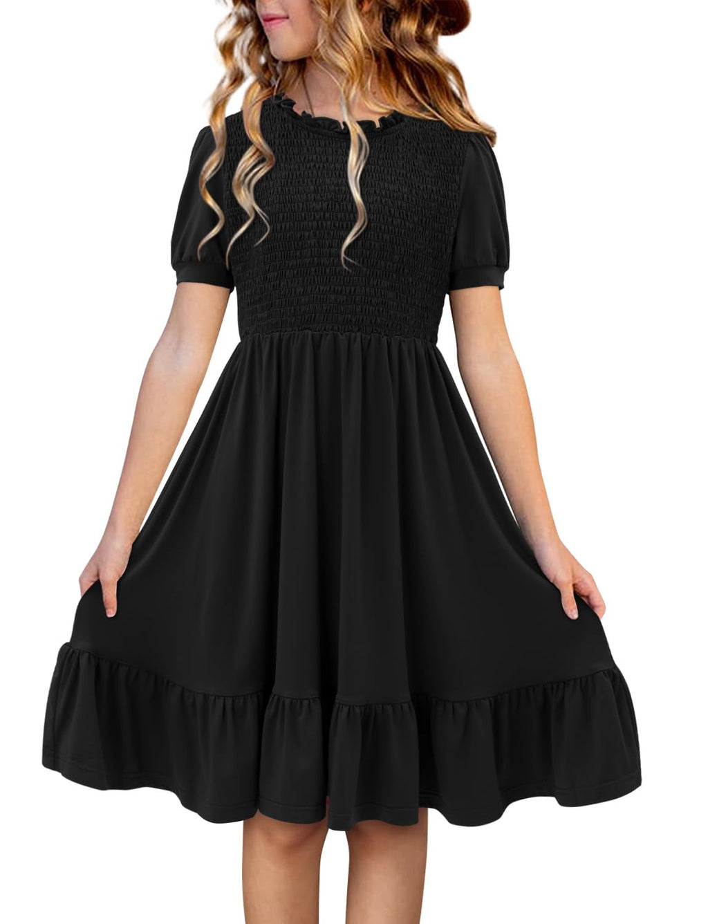 storeofbaby Girls Dress Kids Black Crewneck Short Sleeve Loose Fit School Dresses 4-5 Years