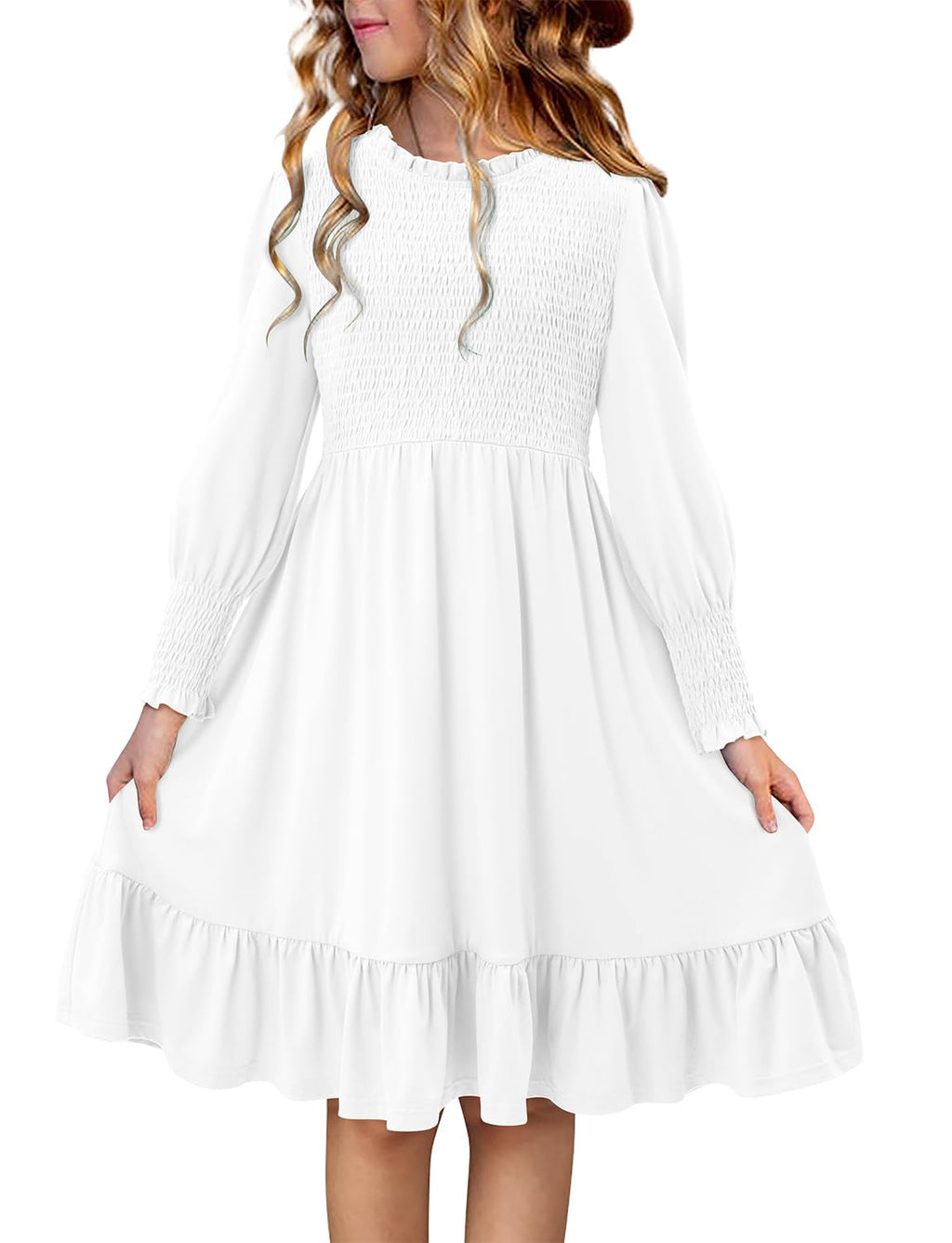 Yoklass White Long Sleeve Dress for Girls Kids Smocked Knee Length Dresses