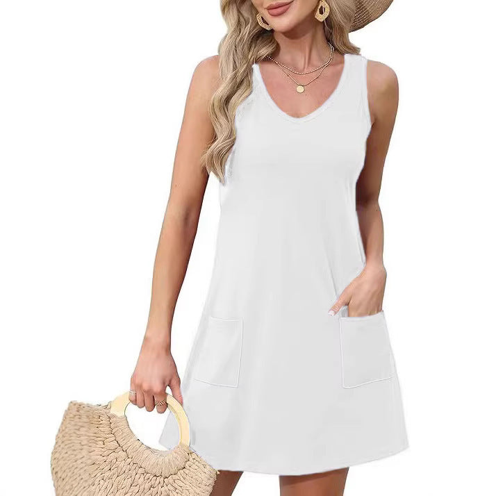 Summer Beach Loose V-Neck Sleeveless Pocket Dress with Pockets Tank Dress