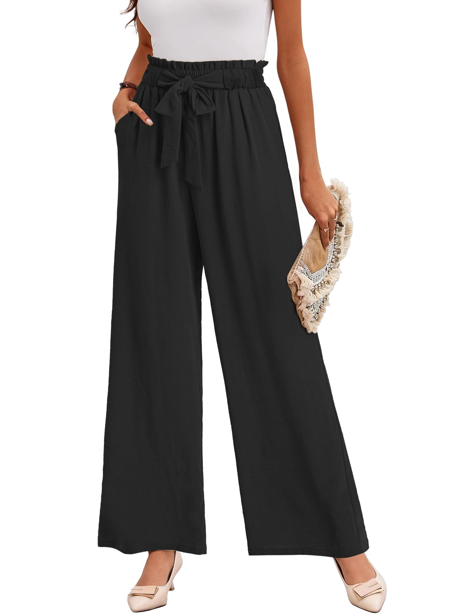 Buauty Wide Leg Palazzo Pants Woman with Pockets High Waist Pant Adjustable Knot Loose Trousers Business Casual Work Pants Black