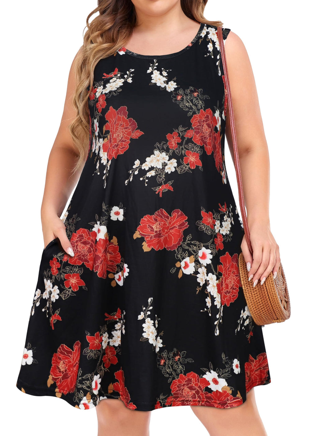 Plus Size Dress Summer Women Sleeveless Tshirt Flowy Casual Crewneck Sun Dresses(Large Red Flower 4XL)