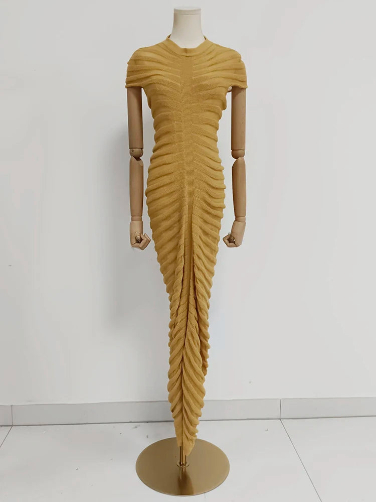 Patchwork Folds Solid Slimming Sexy Dresses For Women Round Neck Short Sleeve High Waist Temperament Dress Female