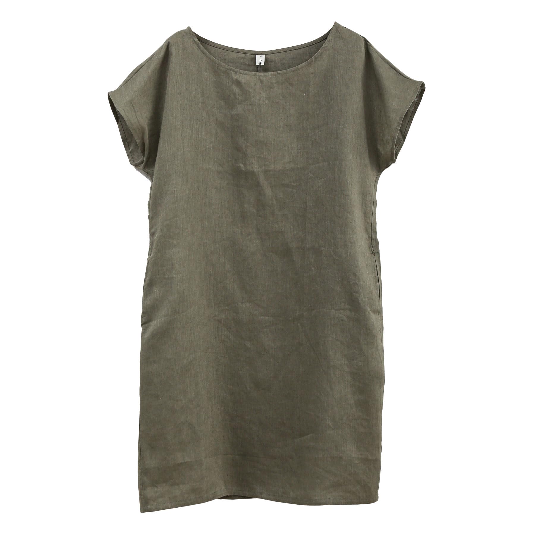 Amazhiyu Womens 100% Linen Summer Casual Crew Neck Midi Dresses with Pockets Green Small