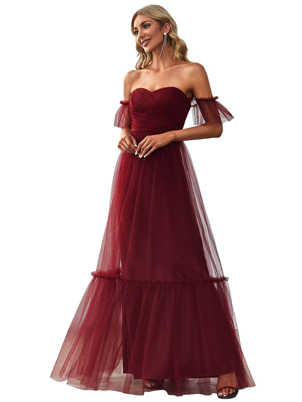 Ever-Pretty Womens Formal Dress Sweetheart Off-Shoulder Ruched Tulle Maxi Bridesmaid Dresses Burgundy US12