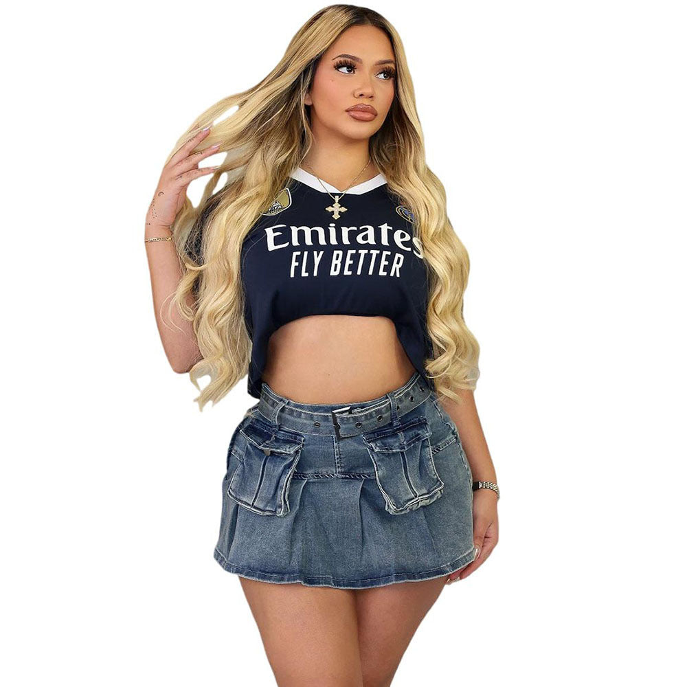 Women's Western Style Denim Skirt High Waist Multi-Pocket Ruffle Bodycon Pleated Mini Skirt