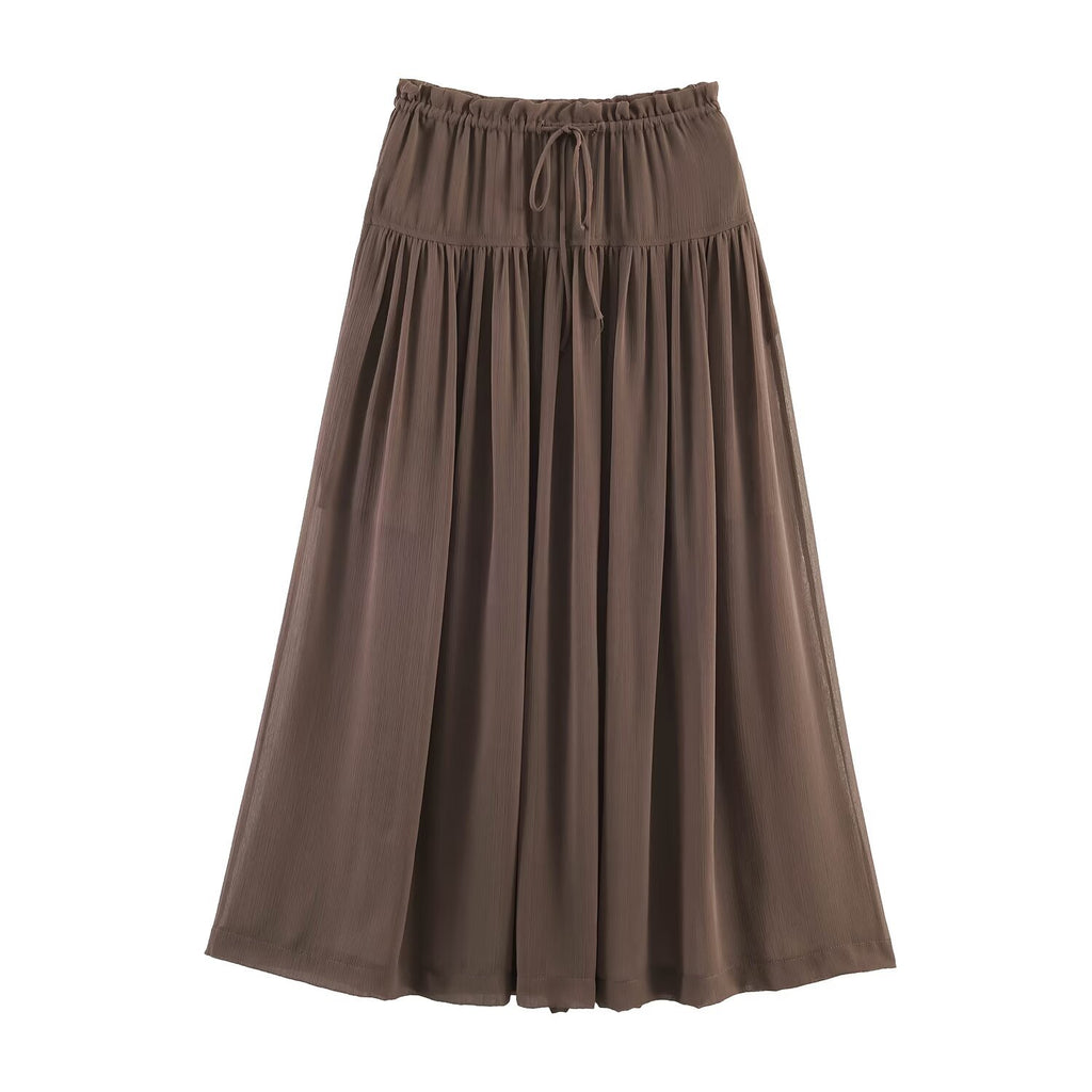 Mushroom edge drawstring chiffon long skirt with large swing