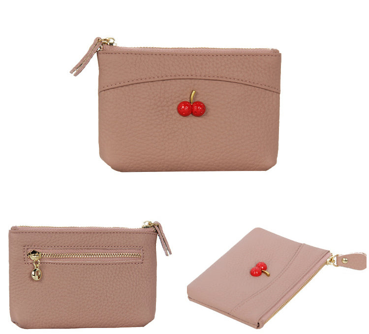 Cherry Leather Coin Purse with Zipper for Ladies