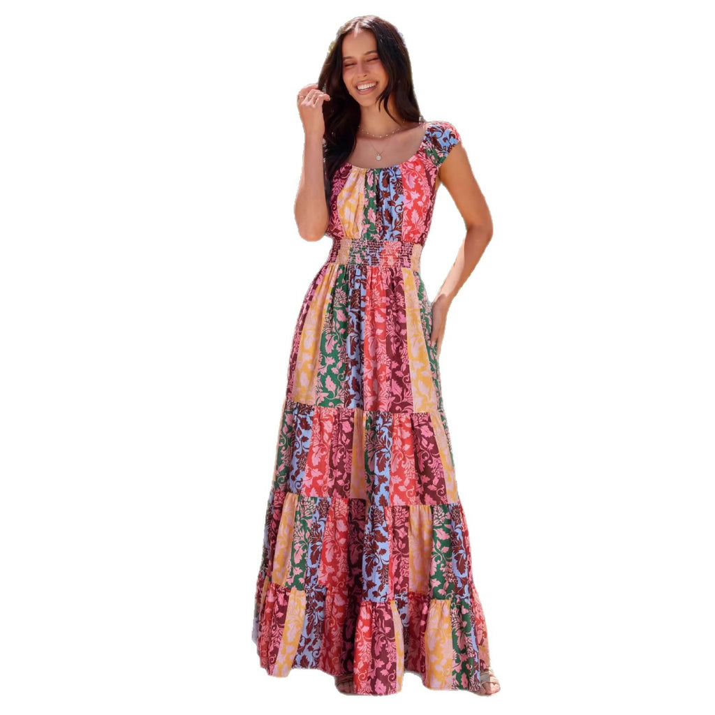 Fashion Bohemian Print Gathered Waist Dress