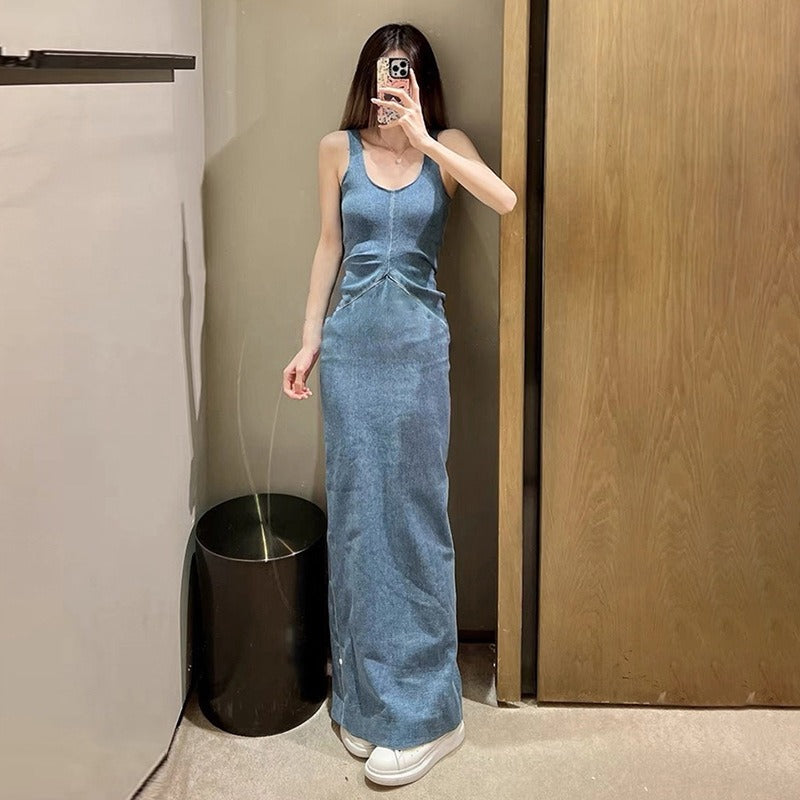Split Waist Slim Long Dress Sexy Premium Denim Halter Dresses