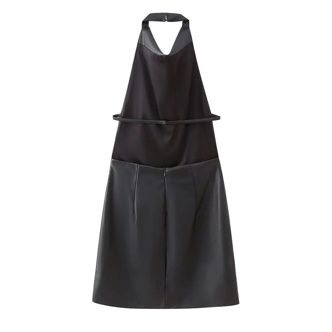 New Faux Leather  Mini Dresses for Women Slip Dress Woman Sexy Backless Dress Women Autumn Party Dresses Woman