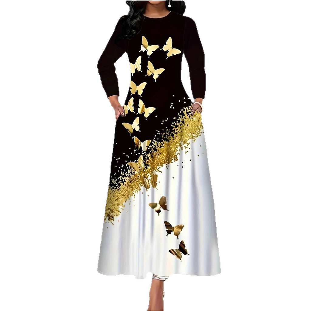Style Butterfly Print Long Sleeve Round Neck A-Line Dress with Pockets