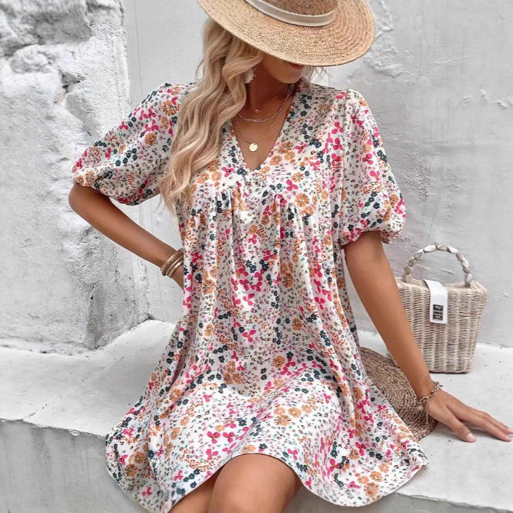 Cute Floral Print V-Neck Puff Sleeve Pleated Casual Loose Dress for Women