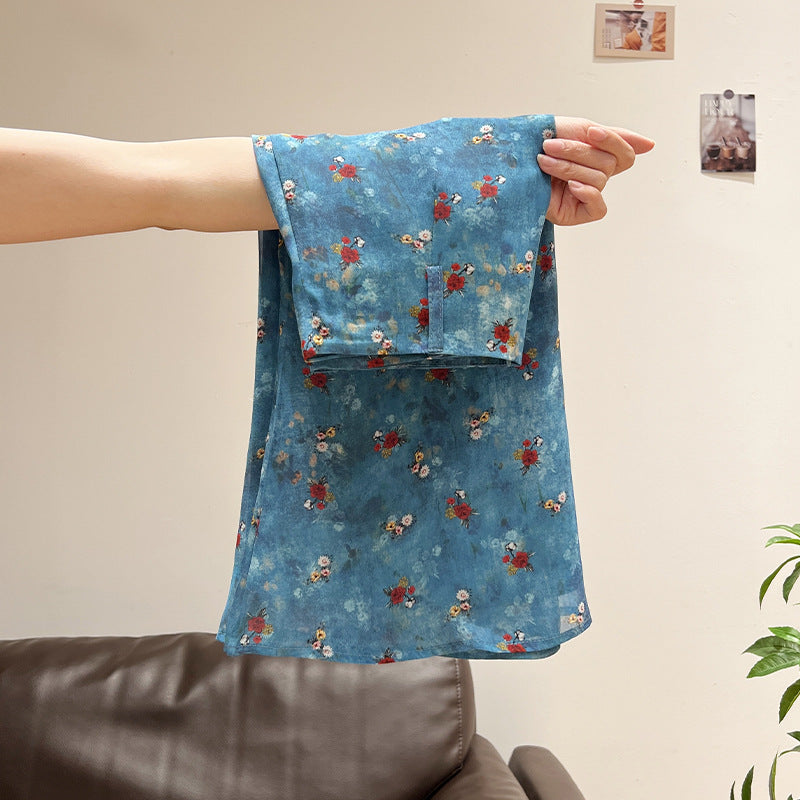 Blue Floral Chiffon Midi Skirt for Women, High Waist, Slim Fit
