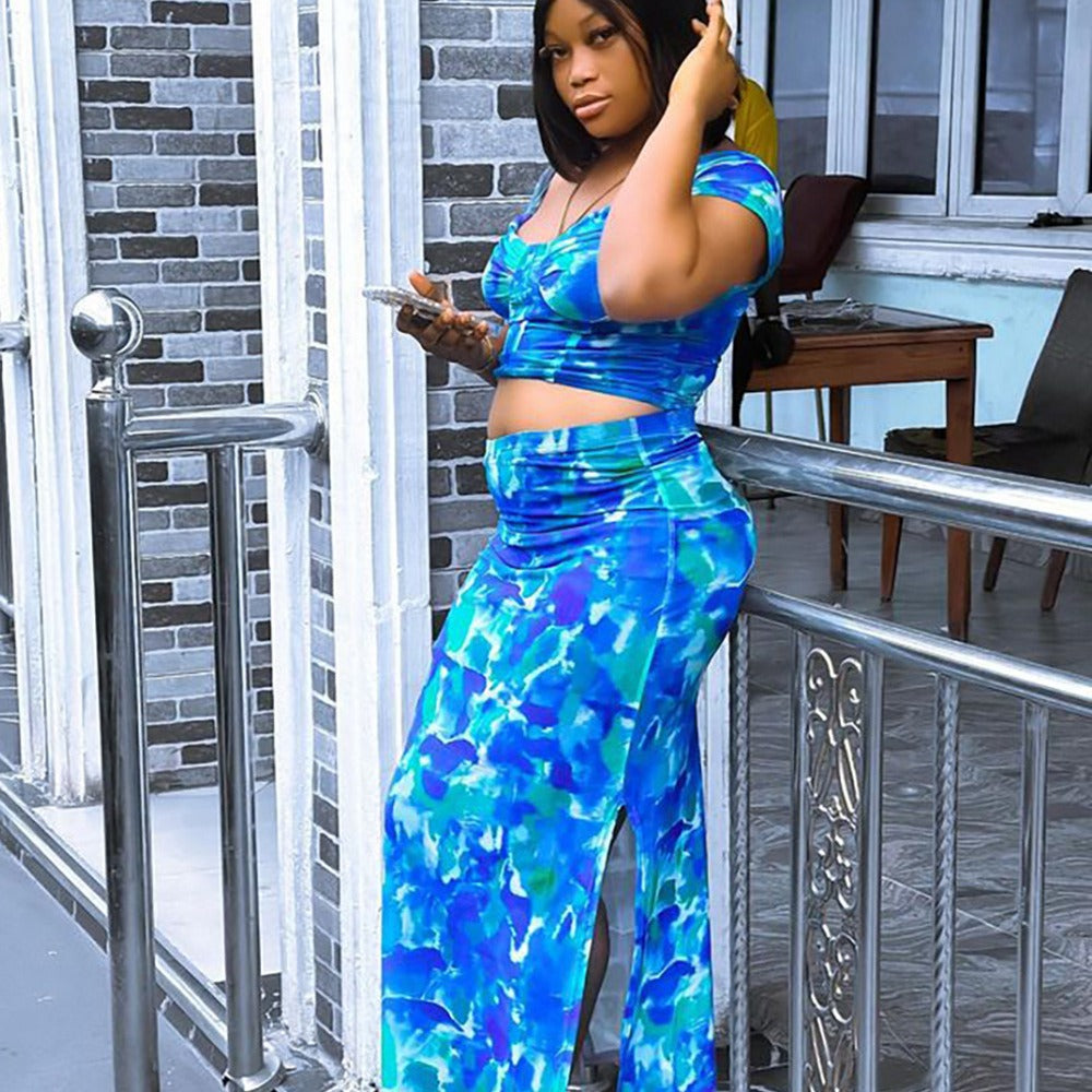 Style Printed Loose-Fit Open-Crotch High-Waisted Skirt Two-Piece Set