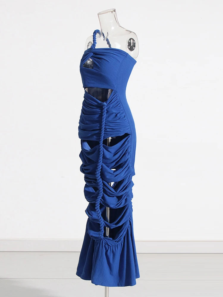 Solid Hollow Out Backless Dress For Women Diagonal Collar Sleeveless High Waist Sexy Dresses Female Fashion Style