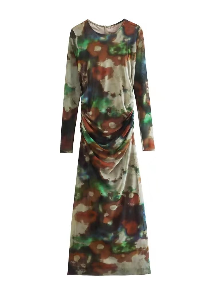 Women Tulle Mid-Calf Dresses Spring Elegant O-neck Slim Party Sexy Vestidos Fashion Long Sleeve Back Zipper Dresses