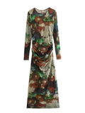 Women Tulle Mid-Calf Dresses Spring Elegant O-neck Slim Party Sexy Vestidos Fashion Long Sleeve Back Zipper Dresses