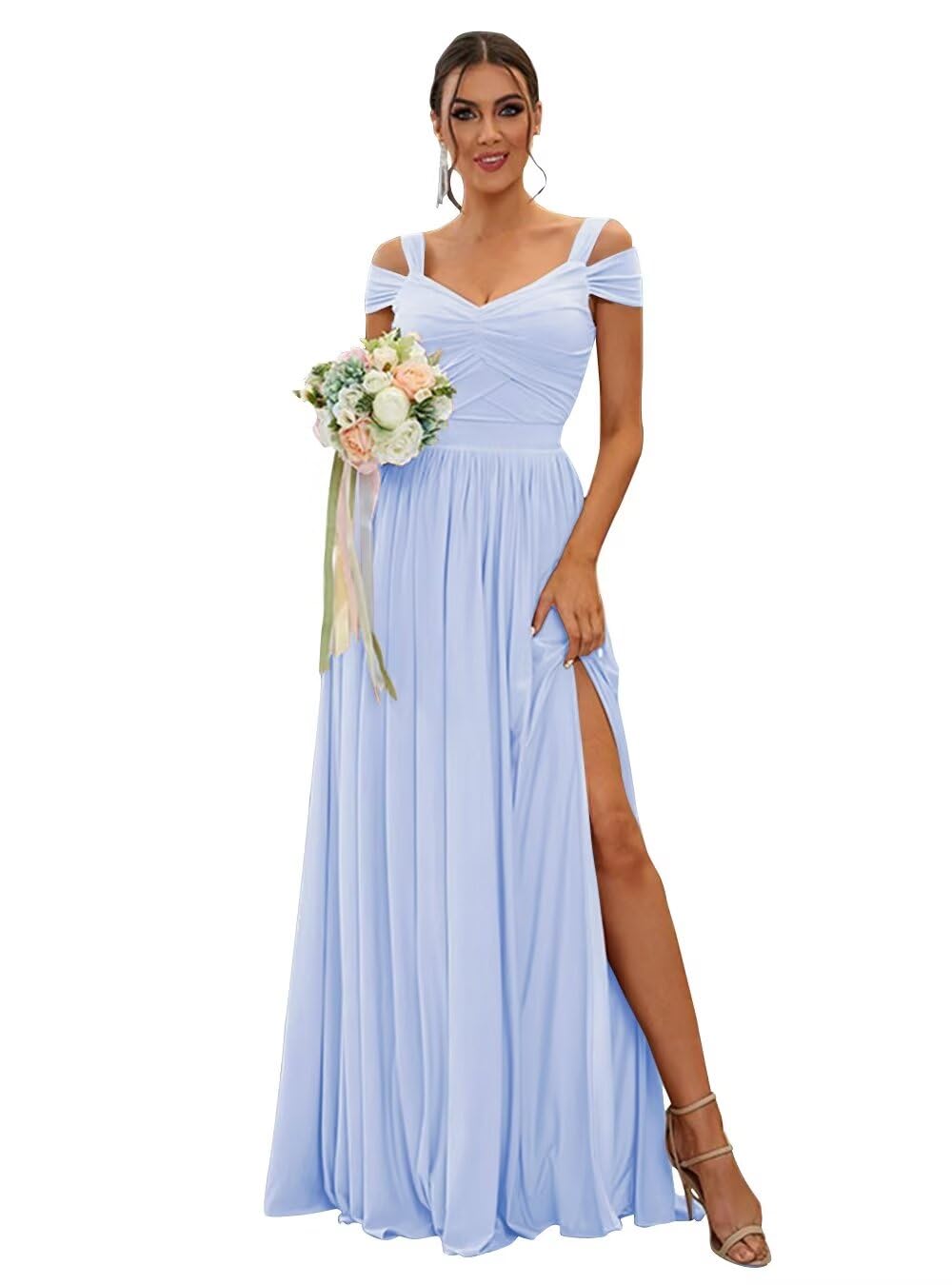 BEAUTFOR Off The Shoulder Plus Size Lavender Bridesmaid Dresses with Pocket V Neck A Line Pleated Chiffon Lace Up Long Formal Party Dresses with Slit 24W