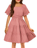 Arshiner Girls Dress Square Neck Cut Out Shirred Ruffle Hem Valentines Day Pink Dresses 11-12
