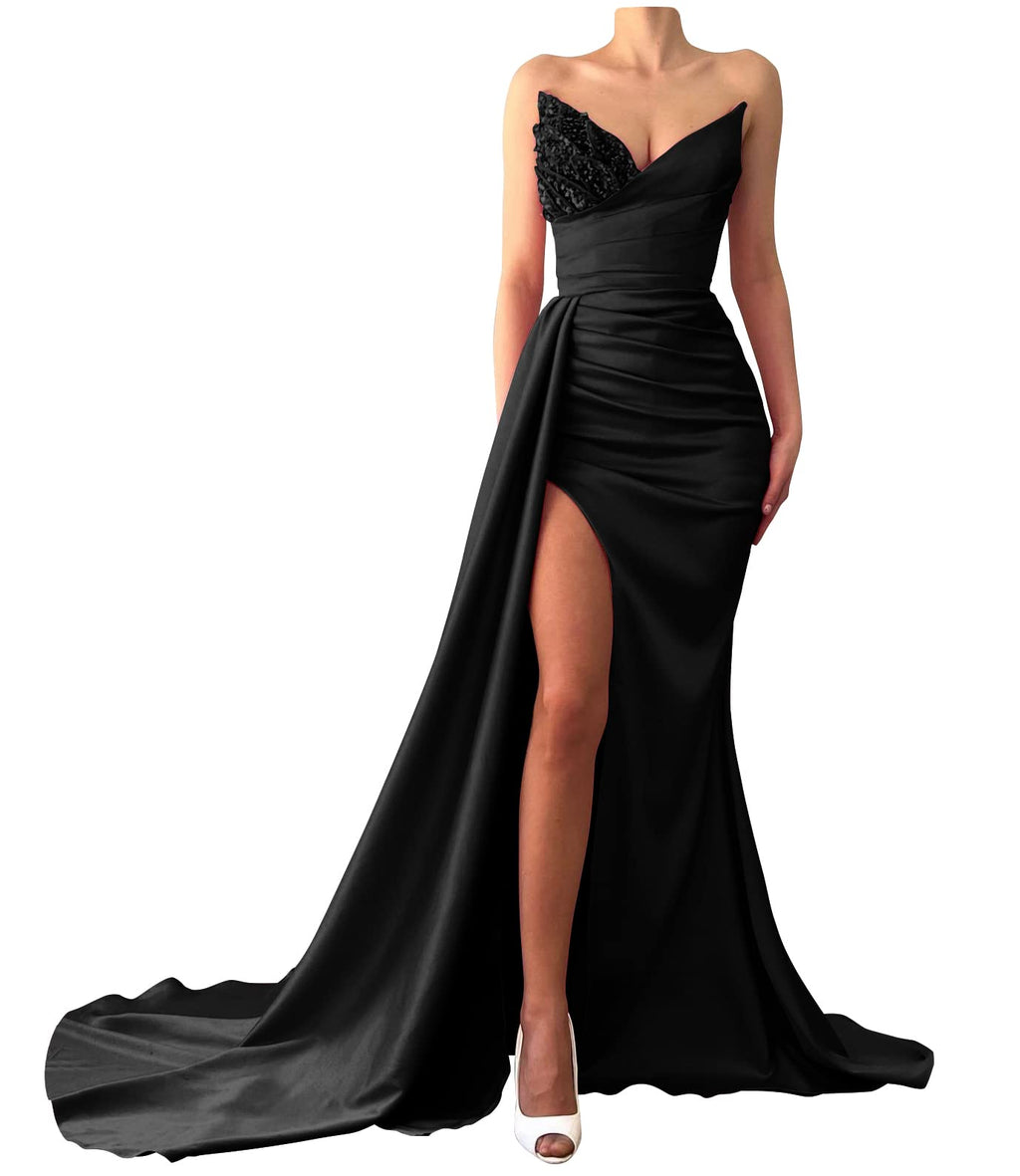 Black Sequin Beaded Prom Dresses 2022 Strapless Mermaid Satin Long Slit Evening Gowns for Women Bridesmaid Dresses 16 Plus