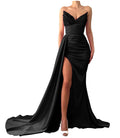 Black Sequin Beaded Prom Dresses 2022 Strapless Mermaid Satin Long Slit Evening Gowns for Women Bridesmaid Dresses 16 Plus