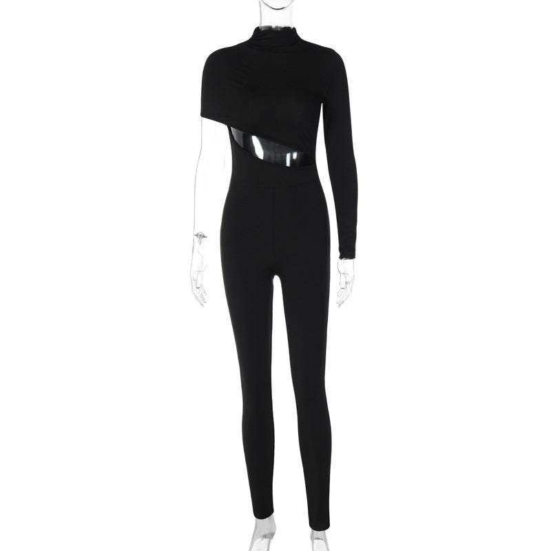 Sexy Navel Cutout Slanted Shoulder Jumpsuit