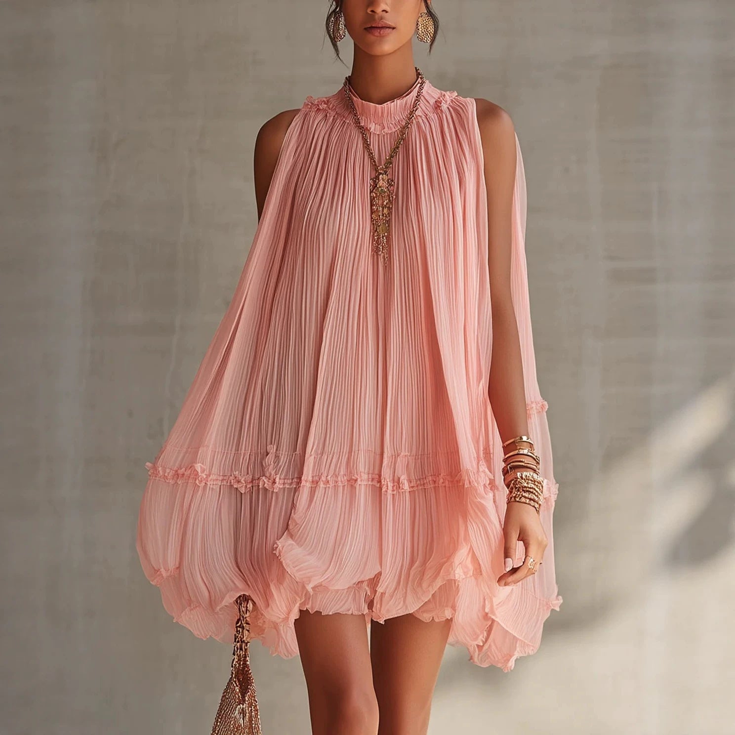 Sleeveless Pleated Mini Dress for Women, Loose A-Line Skirt with Ruffled Hem, Gathered Pleats, Casual Vacation Style, Flared Silhouette, Sweet Baby Doll Dress