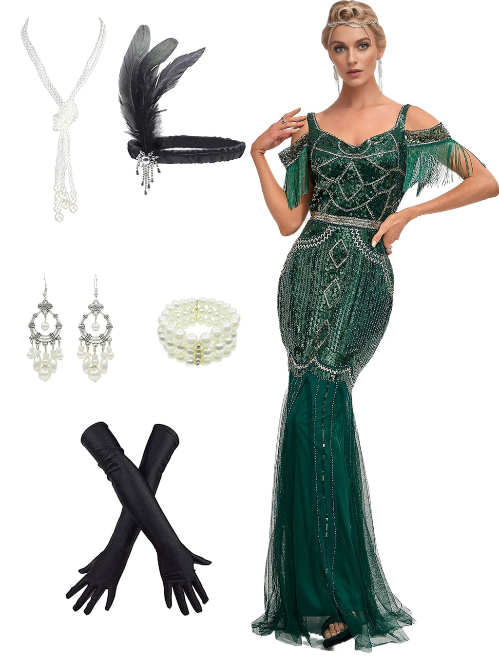 1920s Flapper Dresses Shimmering Sequin Vintage Mermaid Evening Gowns w/ 20s Accessories