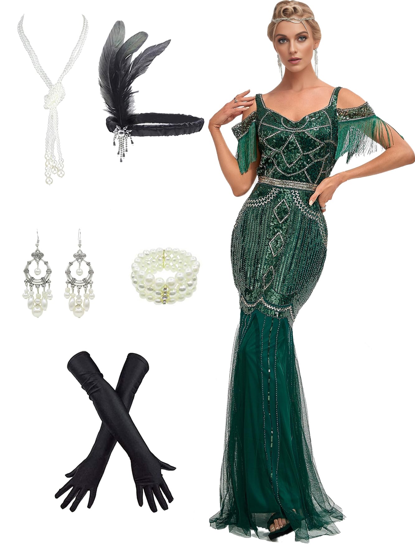 1920s Flapper Dresses Shimmering Sequin Vintage Mermaid Evening Gowns w/ 20s Accessories