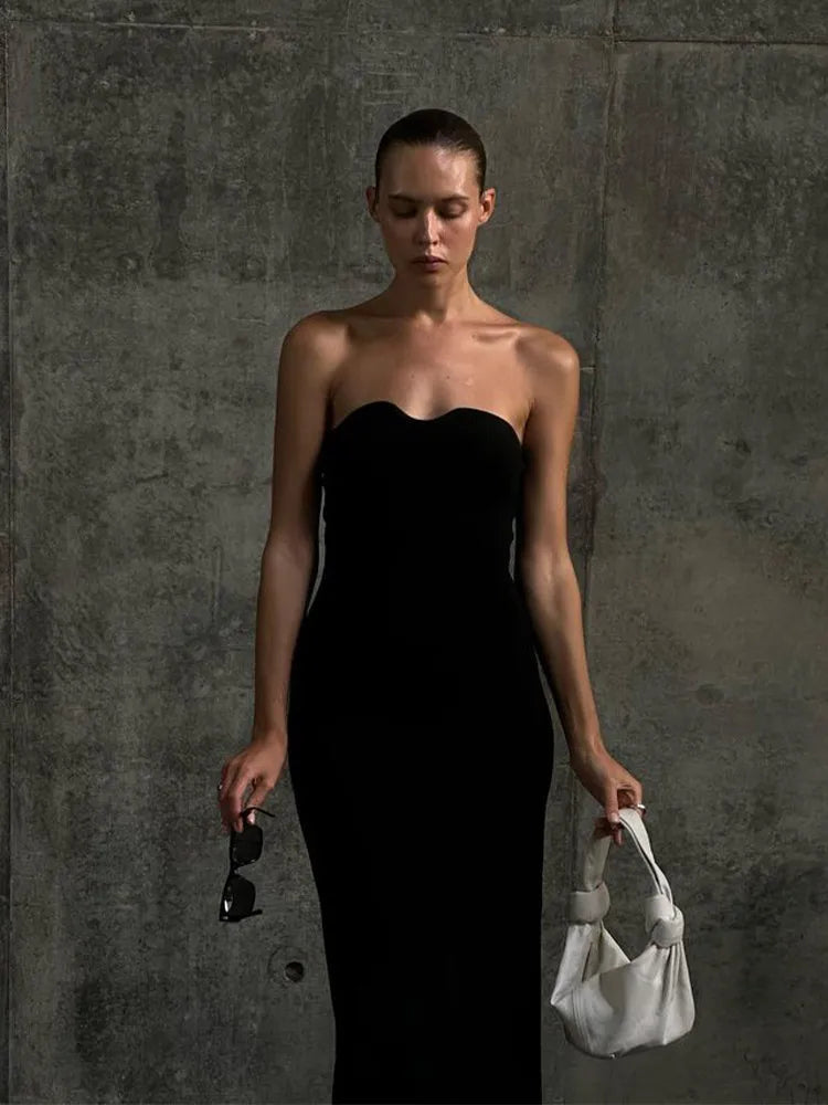 Solid Strapless Knitted Maxi Dress Women Sleeveless Backless Bodycon Dresses  Summer Lady Sexy Streetwear Robe
